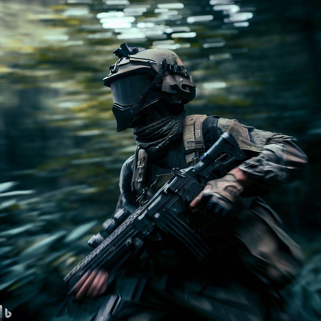 a man wearing military look rushing {high speed} with a toy rifle in deep forest, full face mask, side view, DOF