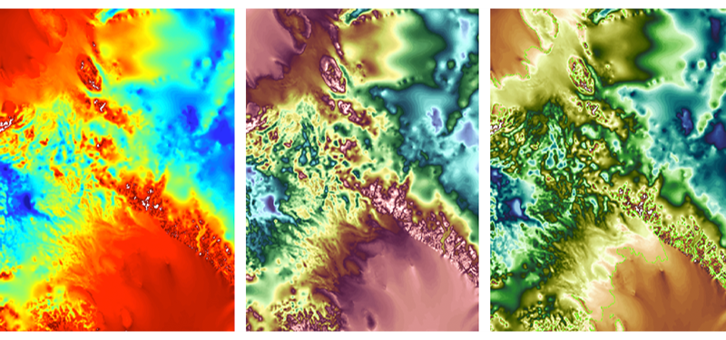 Fig. 1. 남극 서부 Filchner-Ronne 지역과 Ross Ice Shelves 지역 사이의 세부 지형. 위 그림은 관습적으로 사용하는 rainbow colormap에서 발생하는 동시 대비 효과를 보여주고 있습니다(좌측). 채도를 줄인 그림에서 상세가 잘 살아나며(가운데), 심미적인 품질과 변별력을 높이기 위해 유사한 팔레트를 적용한 결과입니다(오른쪽). Credit: Francesca Samsel (그래픽 제작), E3SM (데이터 처리)
