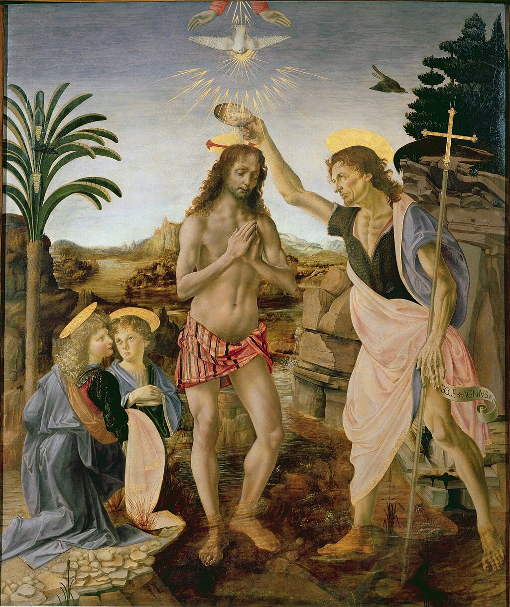 1472~1475, 그리스도의 세례, 나무에 유화. 안드레아 델 베로키오