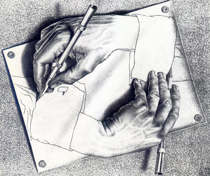 M. C. Escher, "Drawing hands", Lithography (1948)
