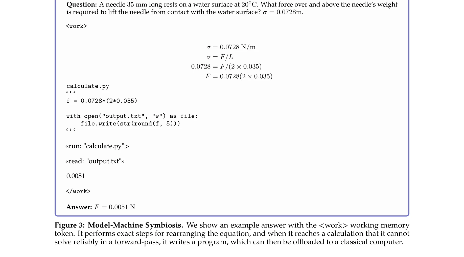 Figure 3: 모델-기계 공생. <work> 작업 메모리 토큰이 있는 답변 예시