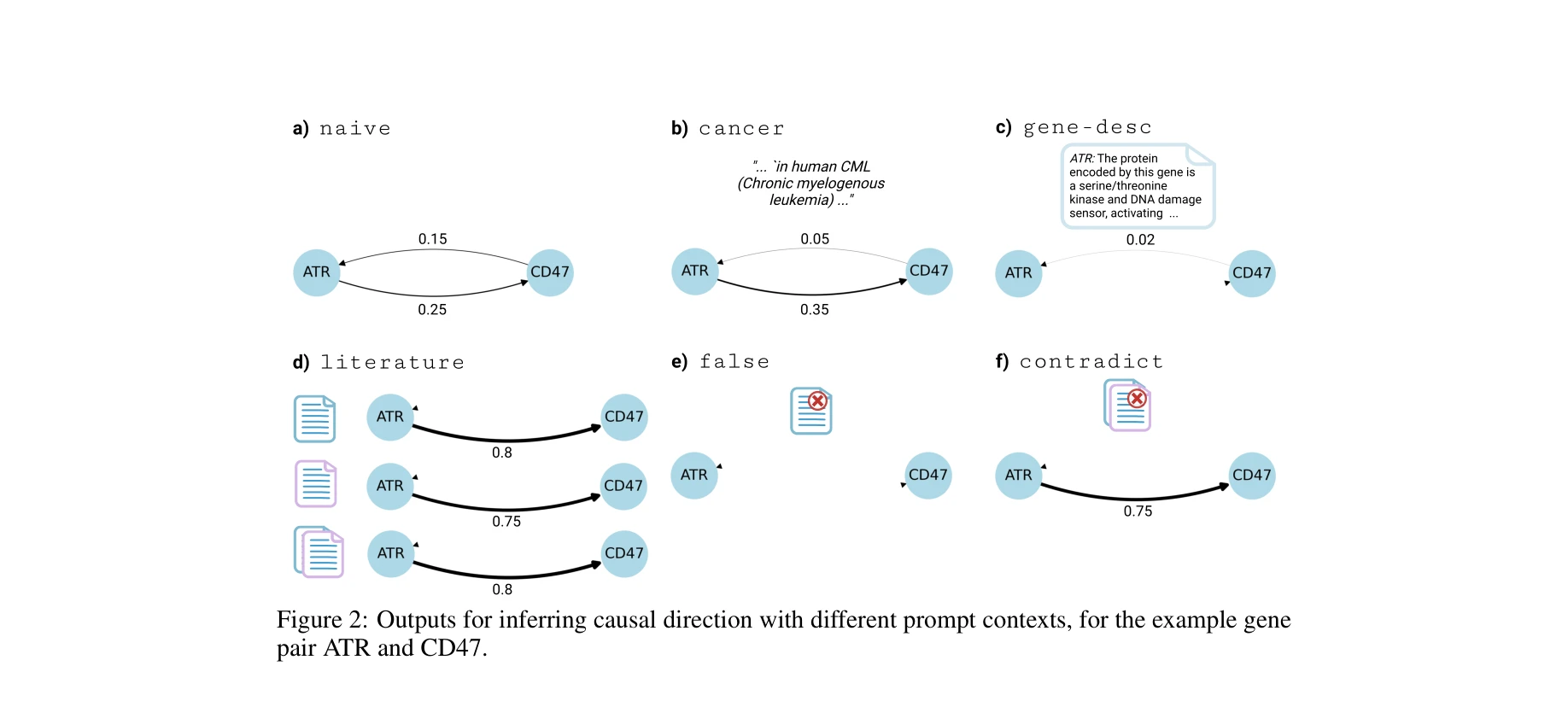 Figure 2: Outputs for inferring causal direction with different prompt contexts, for the example gene